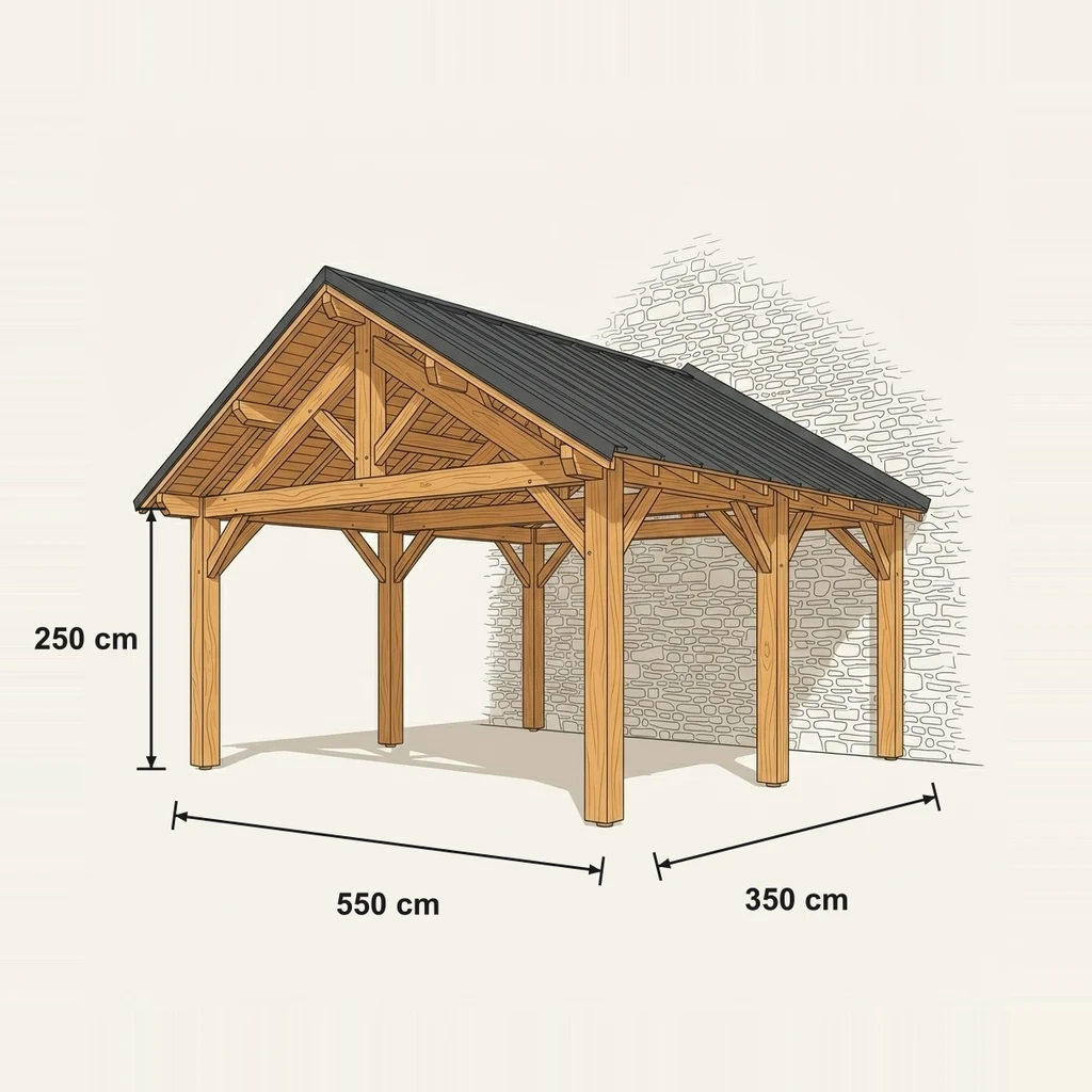 Fiche technique cotée — Carport bois toit plat EPDM adossé