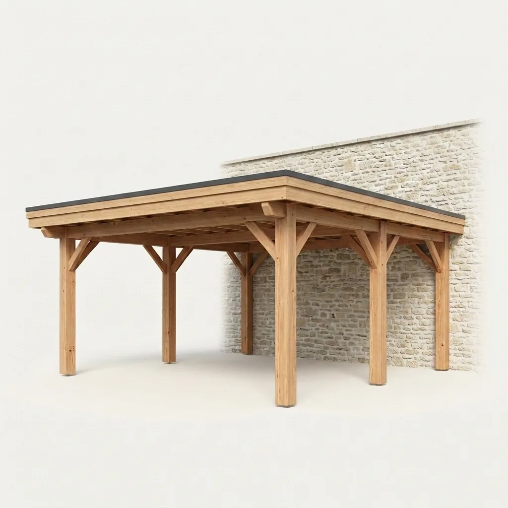 Carport bois toit plat membrane EPDM adossé à la maison
