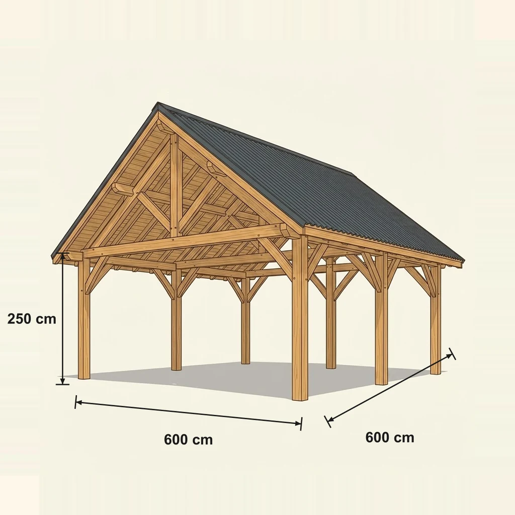 Fiche technique cotée — Carport bois toit plat EPDM · 2 voitures