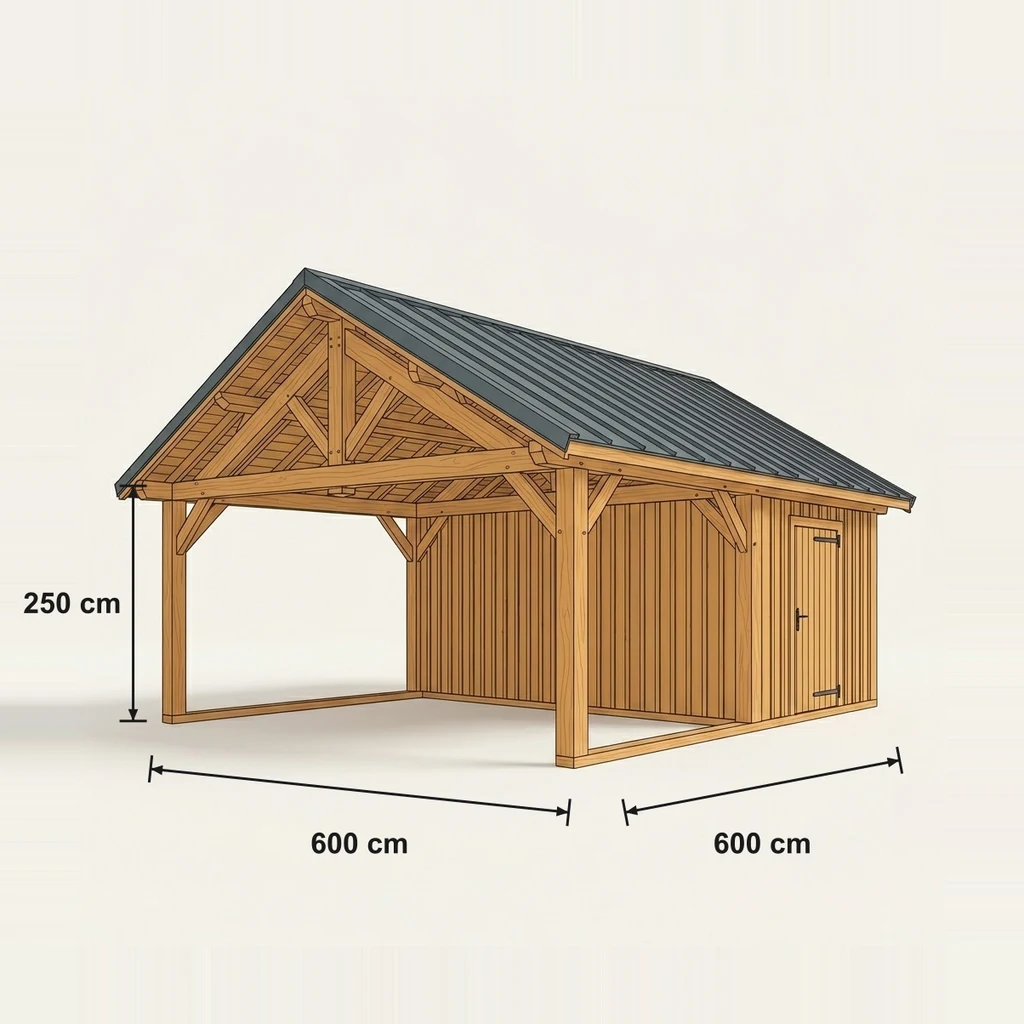 Fiche technique cotée — Carport bois double pente · avec local