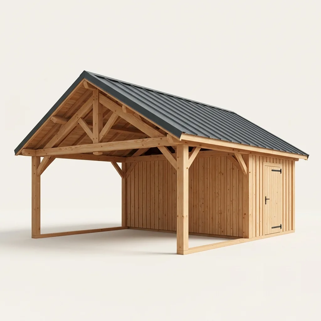 Carport bois double pente avec local de rangement bardé intégré