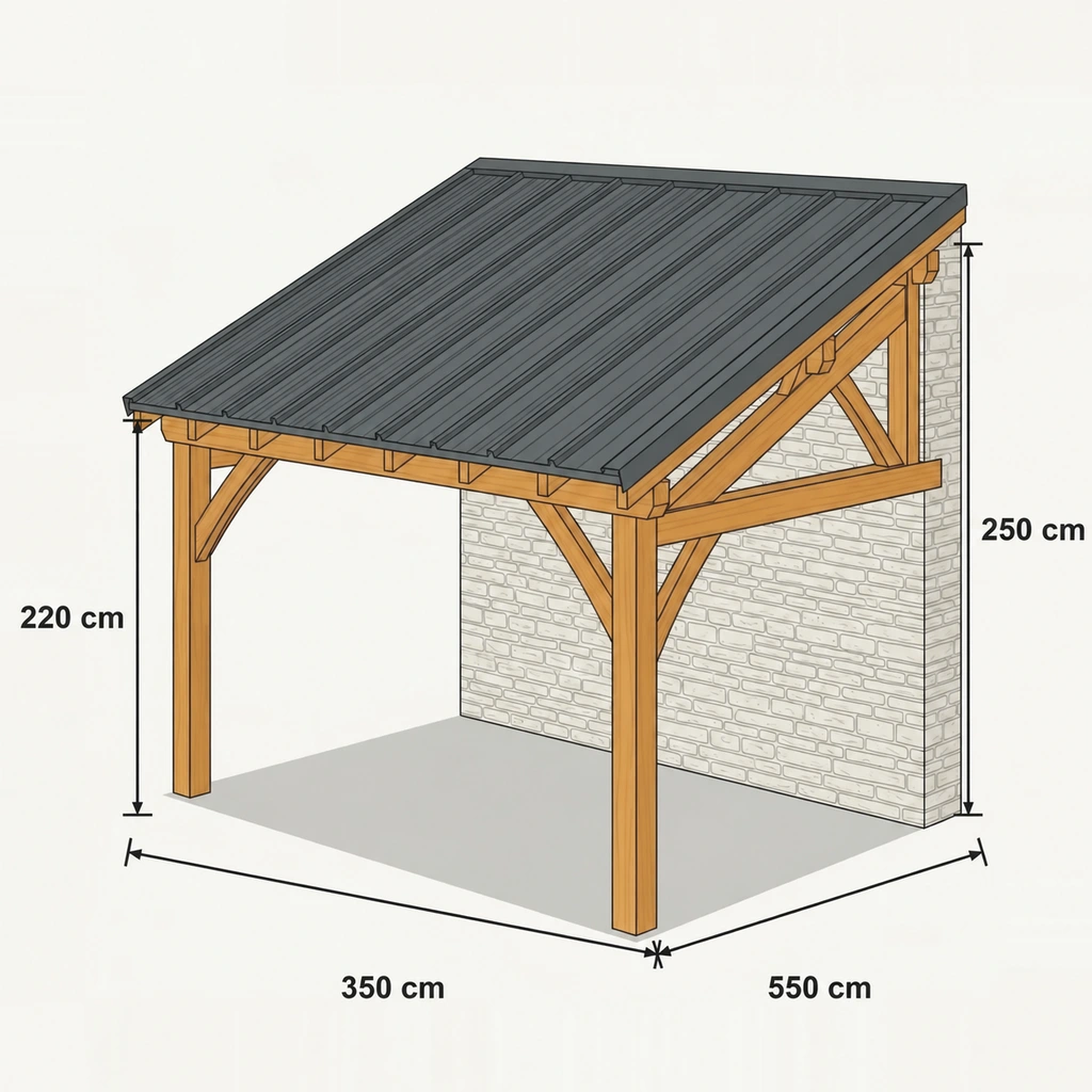 Fiche technique cotée — Carport bois bac acier adossé