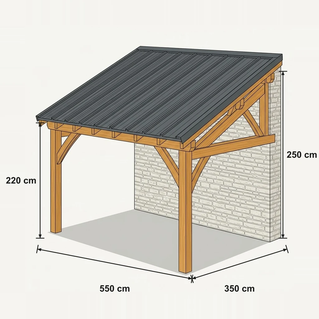 Fiche technique cotée — Carport bois bac acier adossé