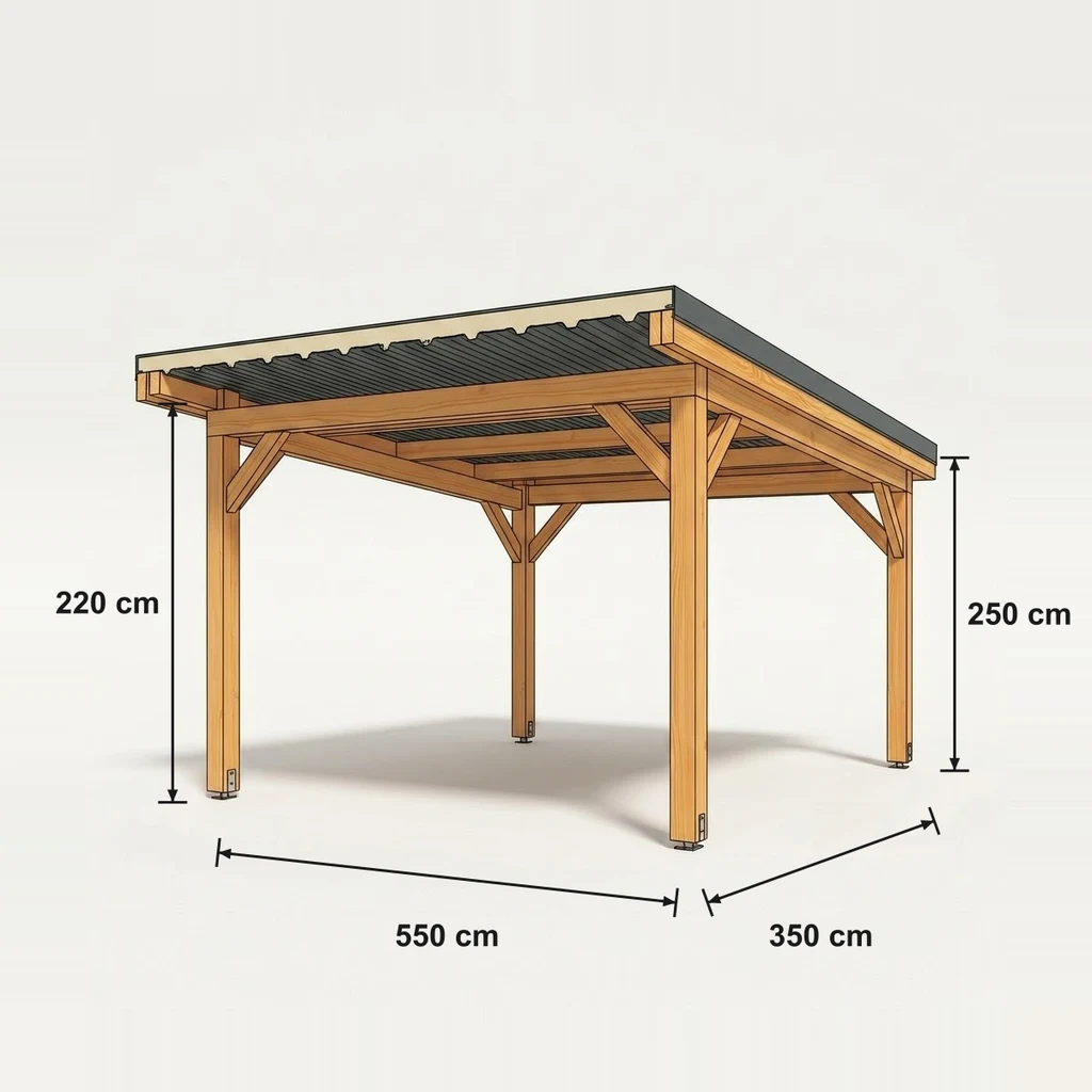 Fiche technique cotée — Carport bois bac acier · 1 voiture