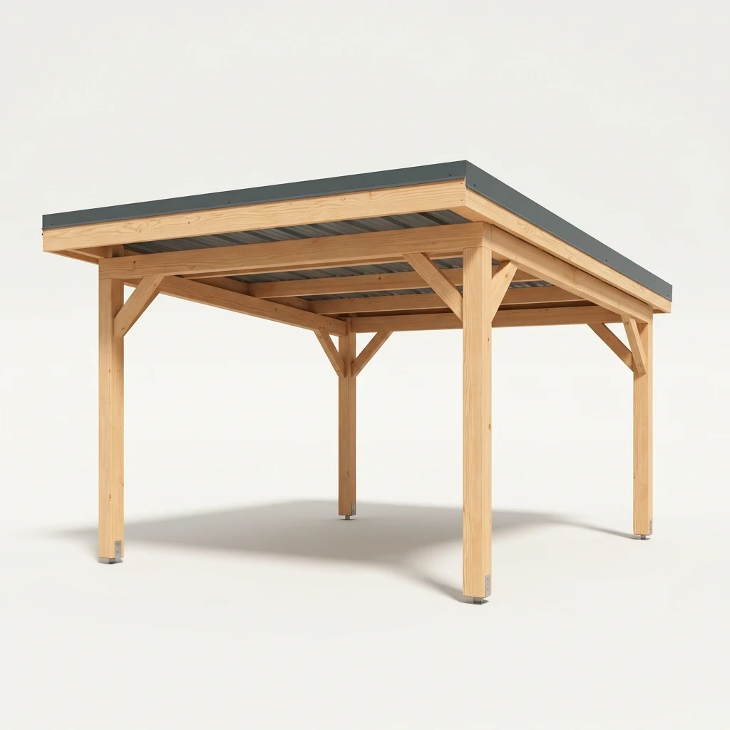 Carport bois toit plat bac acier — une voiture abritée