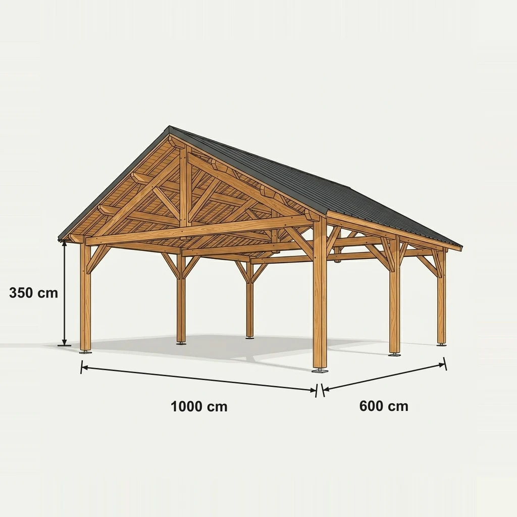 Fiche technique cotée — Préau bois double pente