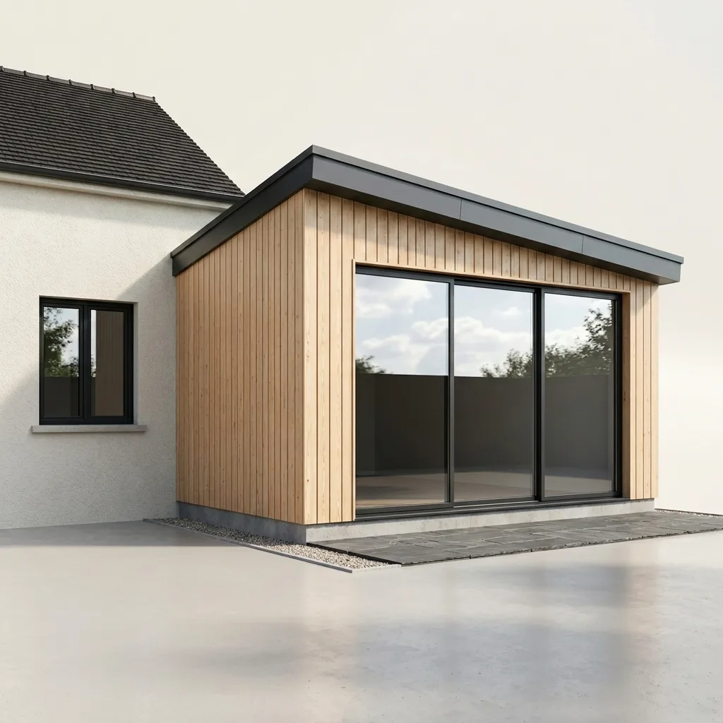 Extension ossature bois à toit monopente greffée à une maison — rendu 3D