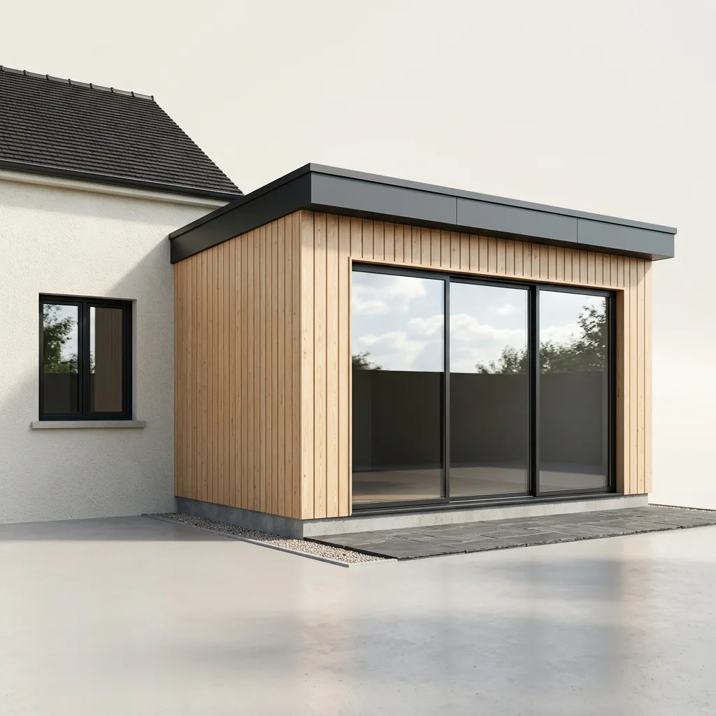 Extension ossature bois de plain-pied à toit plat greffée à une maison — rendu 3D