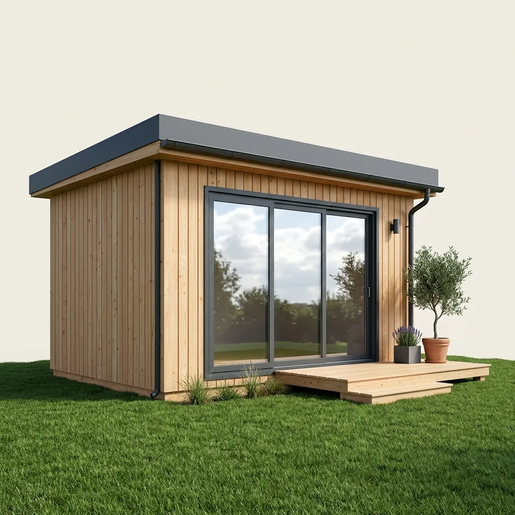 Studio de jardin ossature bois indépendant sur pelouse — rendu 3D