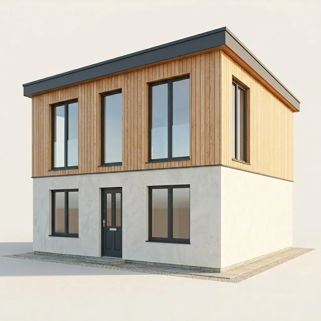 Surélévation ossature bois d'un étage sur une maison en dur — rendu 3D