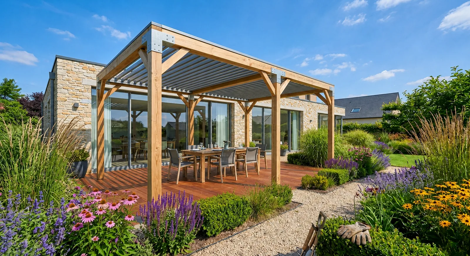 Pergola bioclimatique — lames orientables — La Planète Bois