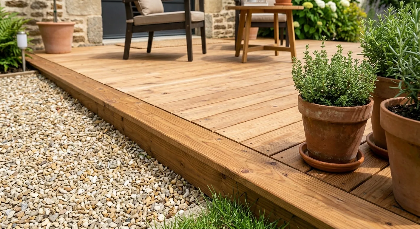 Terrasse en douglas grisée naturellement, réalisation La Planète Bois dans l'Aisne