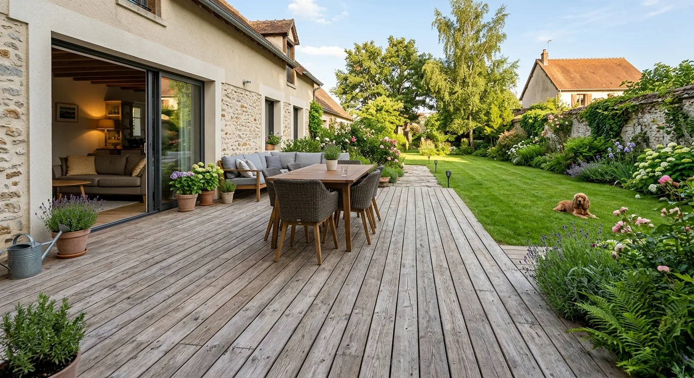 Terrasse en mélèze bien ventilée posée par La Planète Bois dans l'Oise