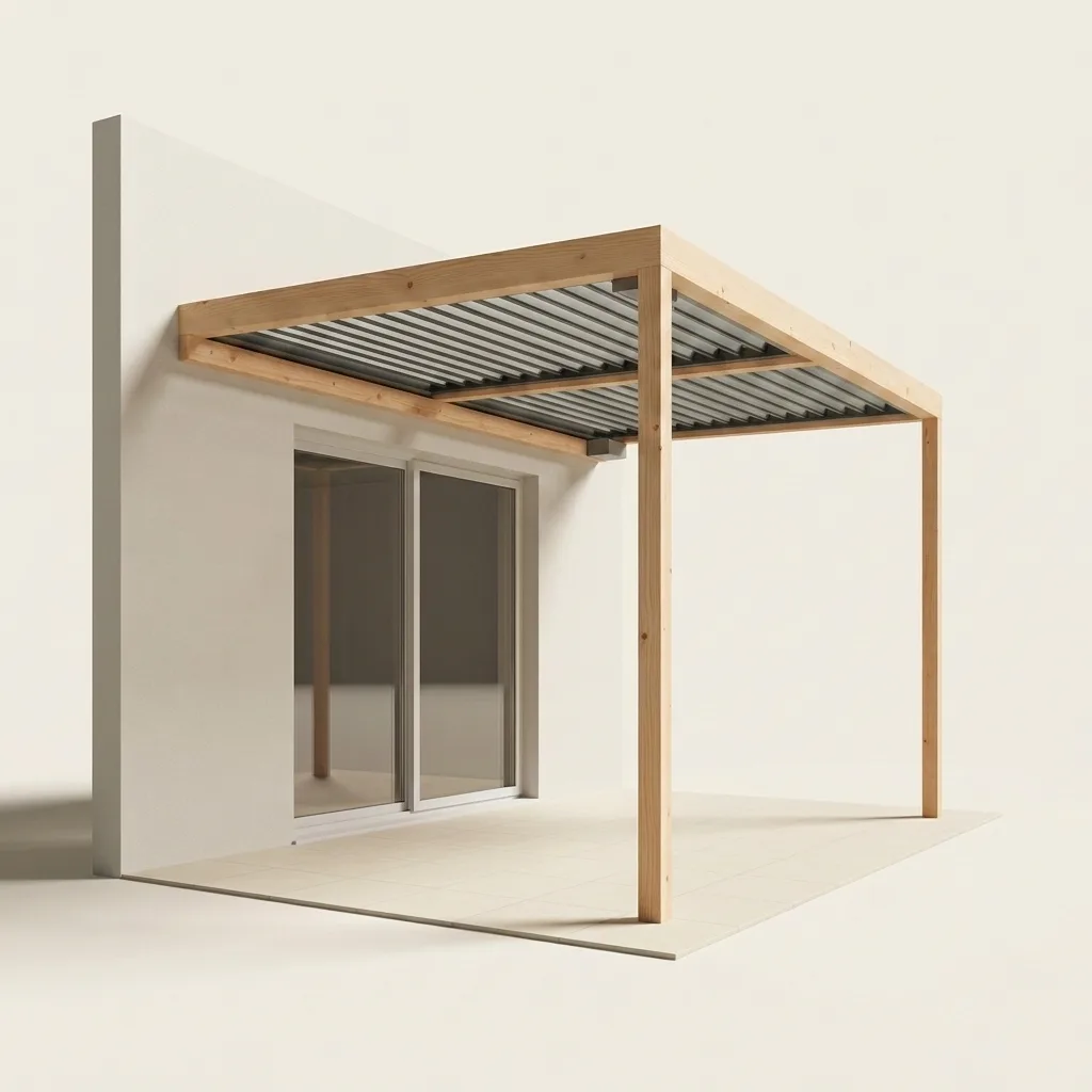 Pergola bois bioclimatique adossée à lames orientables — rendu 3D