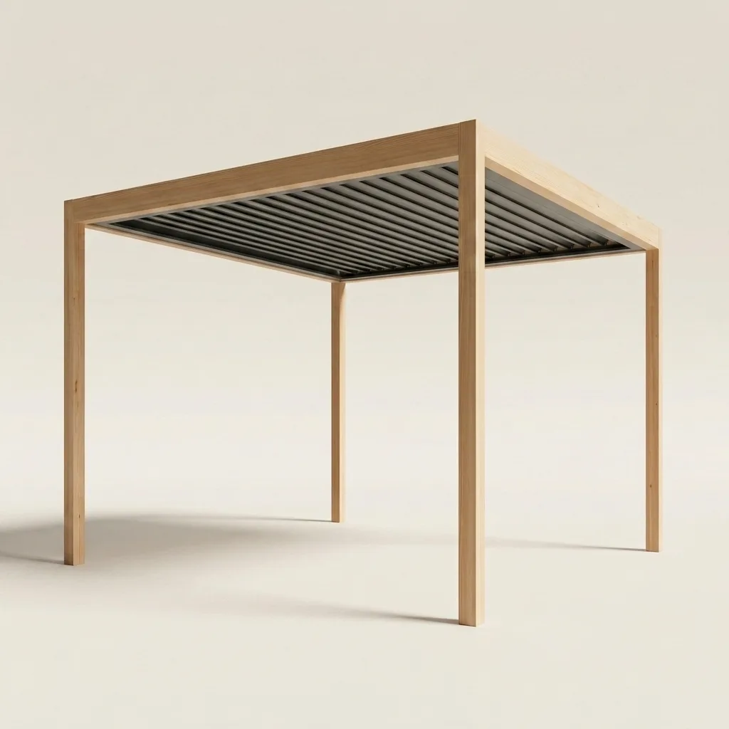 Pergola bois bioclimatique autoportée à lames orientables — rendu 3D