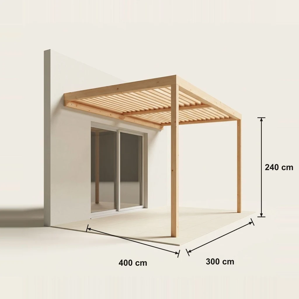 Fiche technique cotée — Pergola bois à lames fixes · adossée