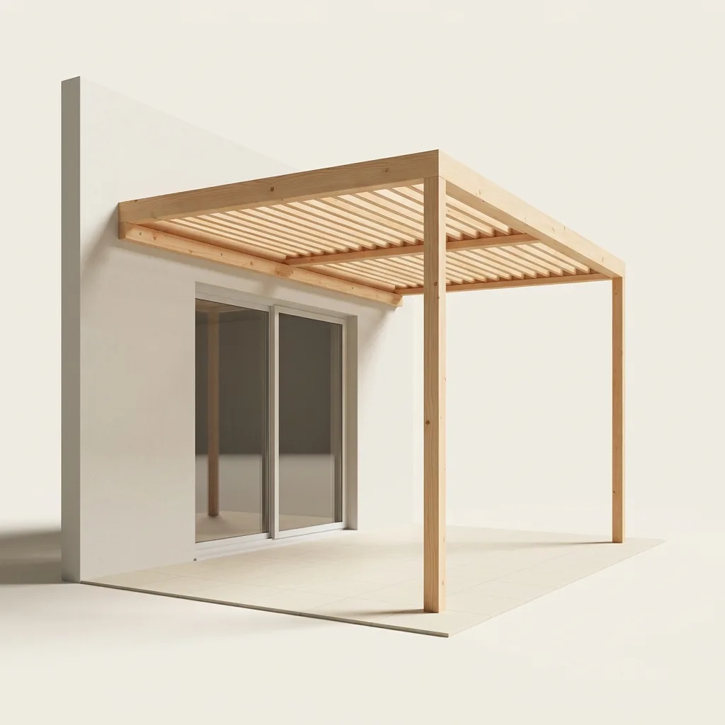 Pergola bois adossée à la façade à lames fixes inclinées — rendu 3D