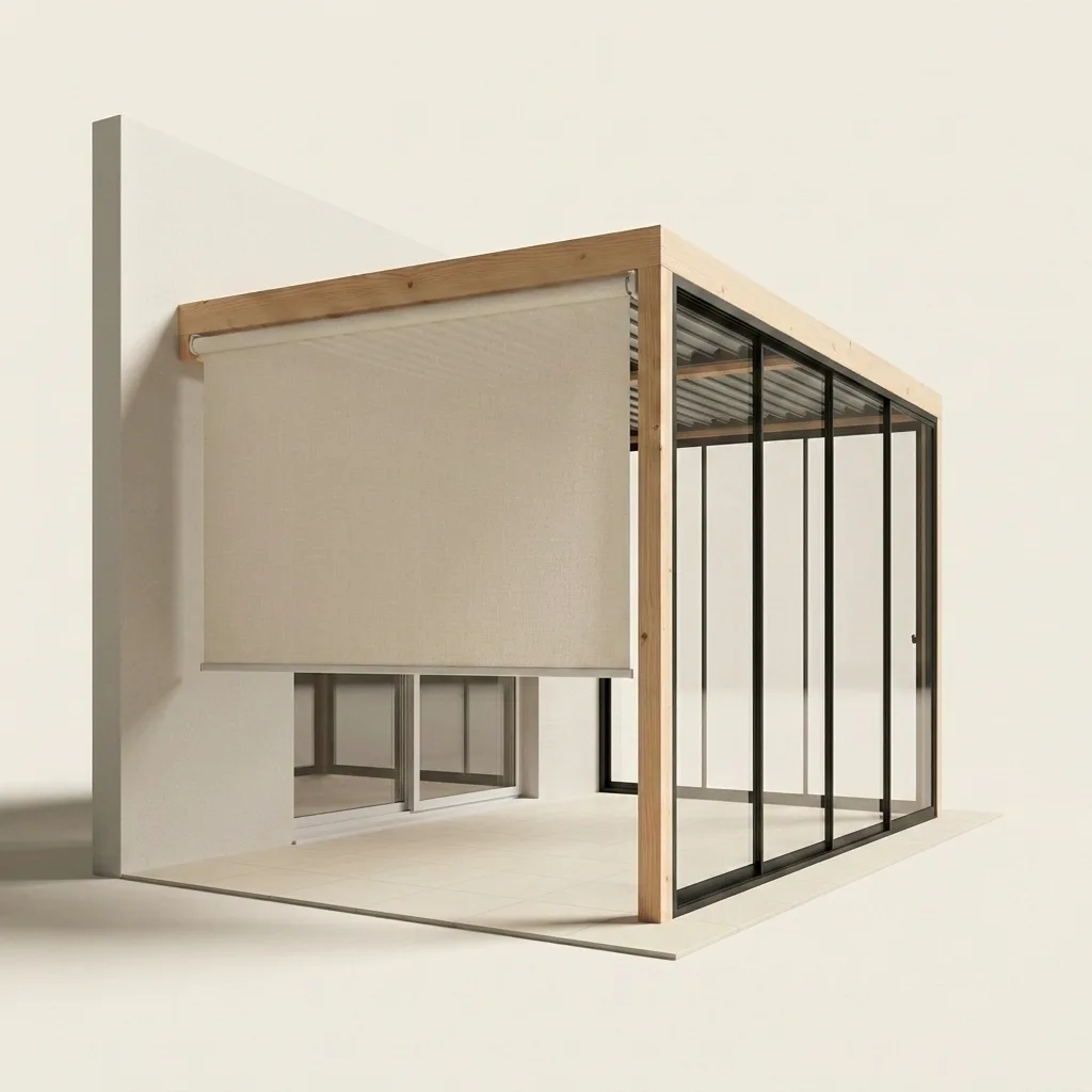 Pergola bois ultra luxe adossée fermée par baie vitrée coulissante et store — rendu 3D