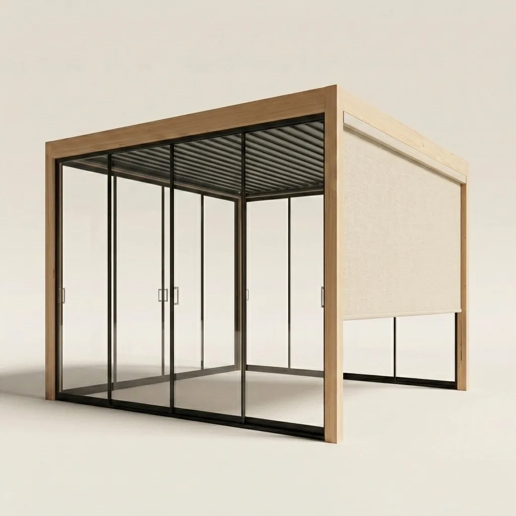 Pergola bois ultra luxe autoportée fermée par baies vitrées coulissantes et store — rendu 3D