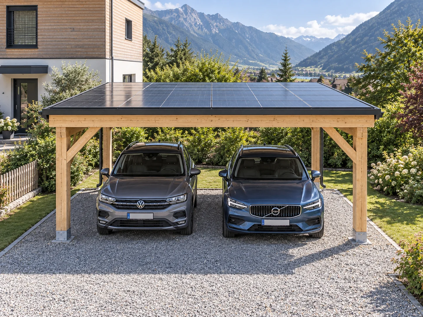 Visuel de projet : carport bois double avec panneaux photovoltaïques en toiture