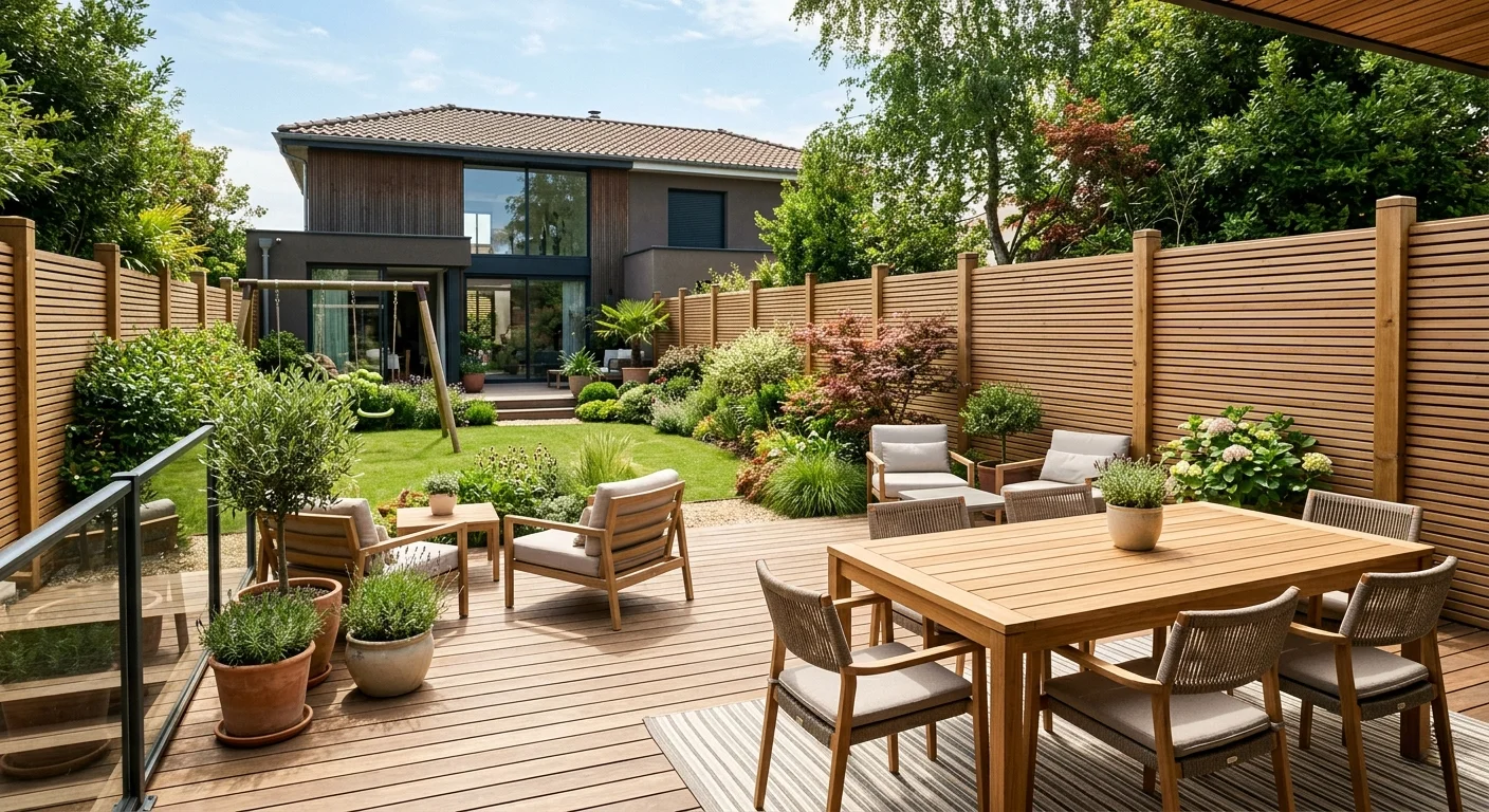 Clôture bois ajourée à lattes fines dans un jardin moderne