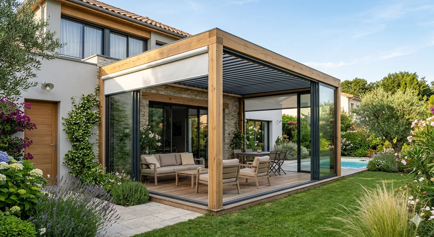 Illustration : pergola à structure bois et toiture à lames orientables en aluminium, adossée à une maison