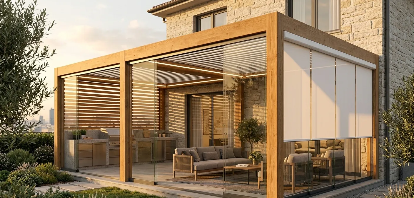 Pergola bois moderne adossée à une maison en pierre au coucher du soleil