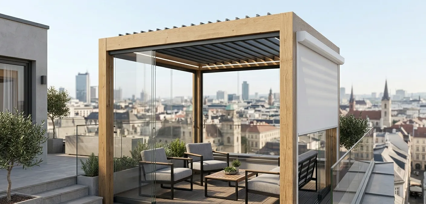 Pergola bois avec coin détente sur un rooftop urbain