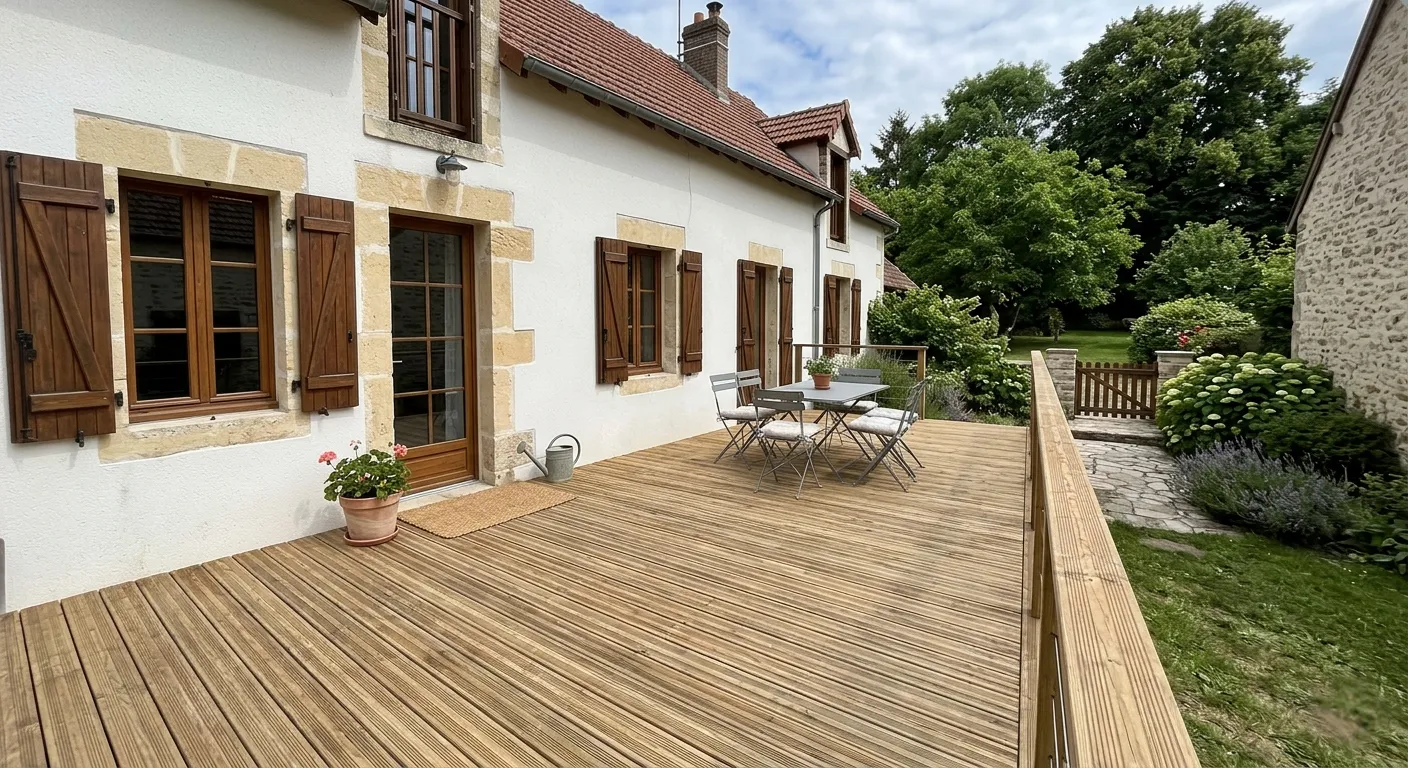 Grande terrasse bois autour d'une longère en pierre