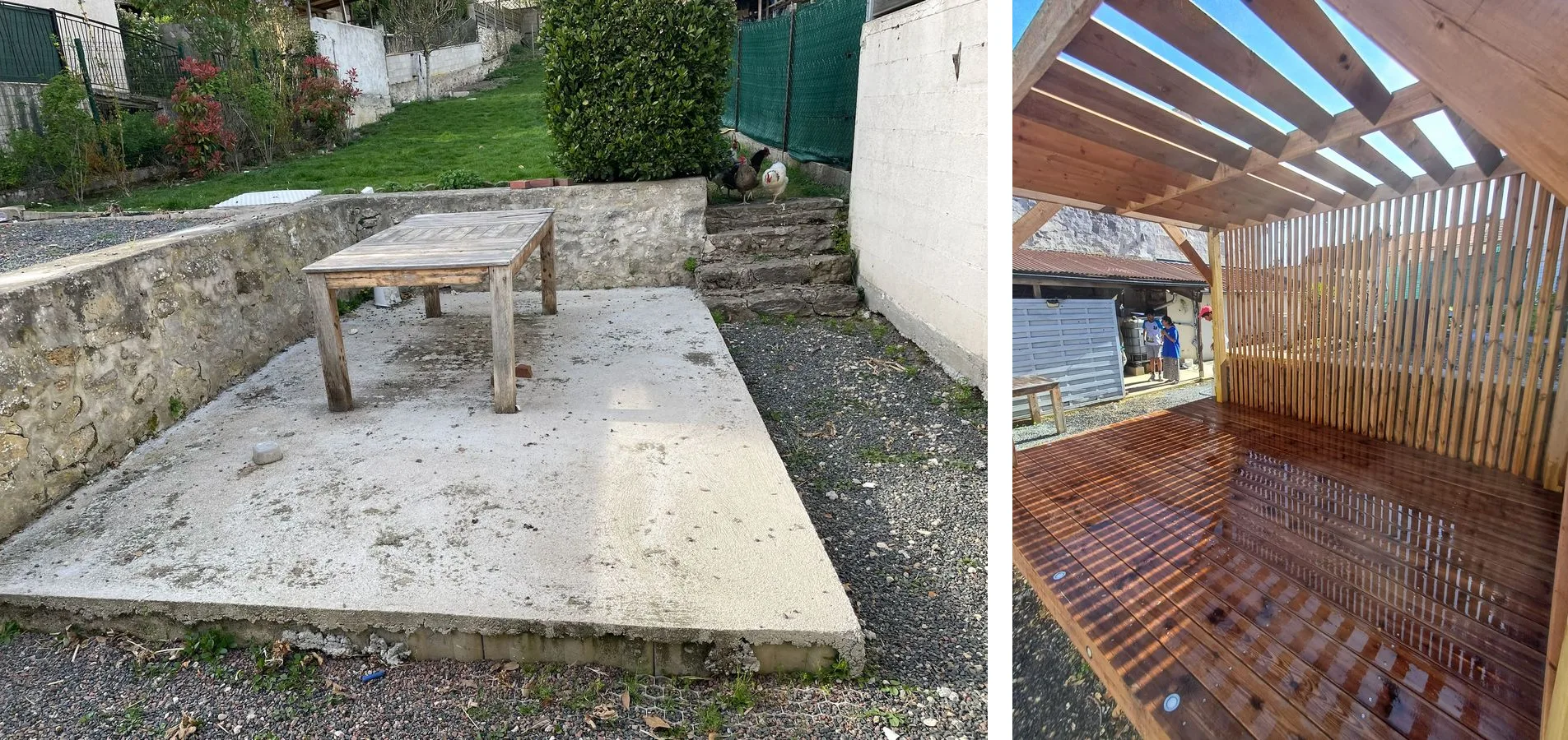 Avant / après : une dalle béton transformée en terrasse bois et pergola par La Planète Bois à Congis-sur-Thérouanne (Seine-et-Marne)