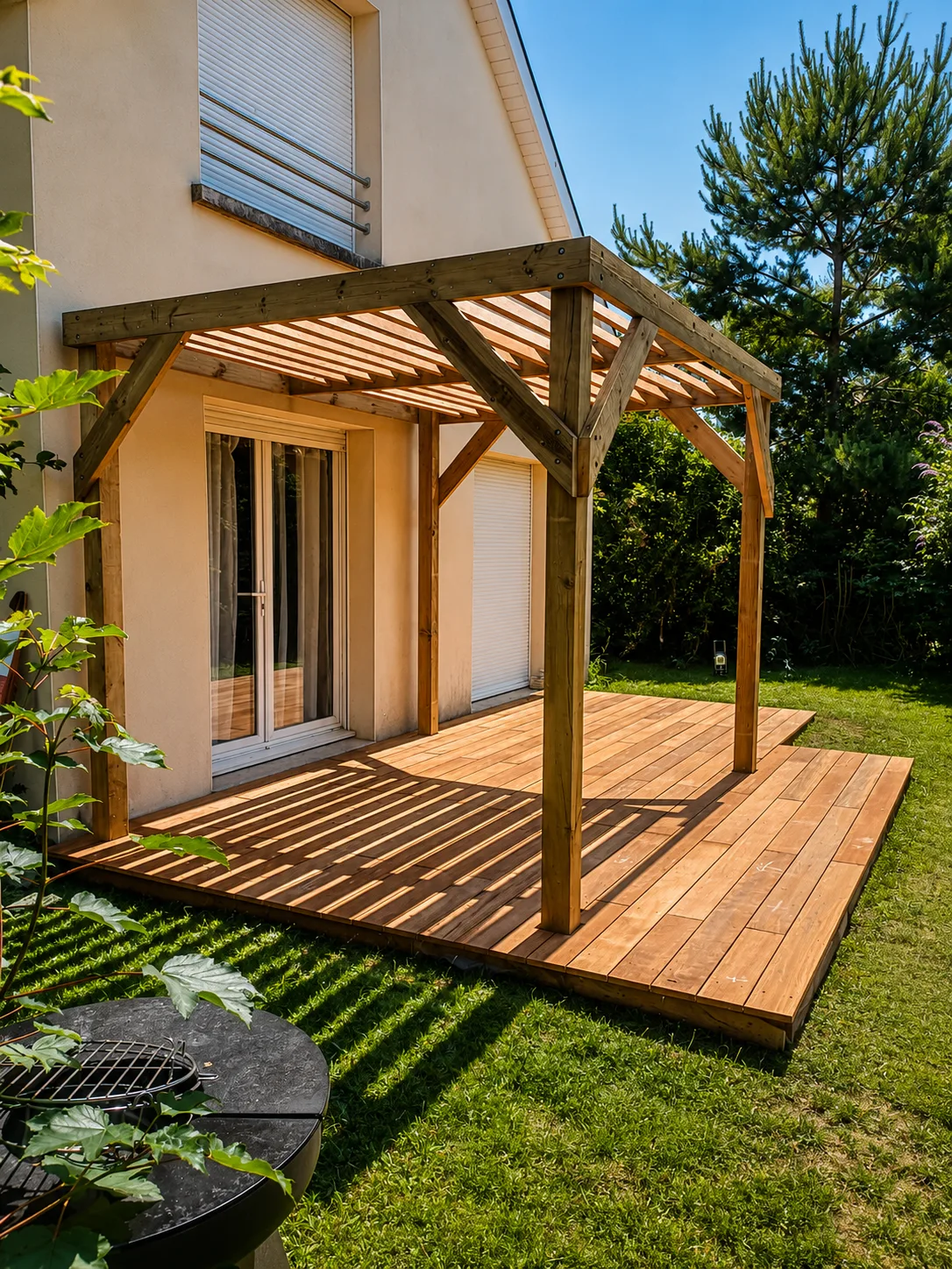 Terrasse bois en cumaru et pergola bois à lames fixes inclinées, réalisées par La Planète Bois à Bezannes, près de Reims