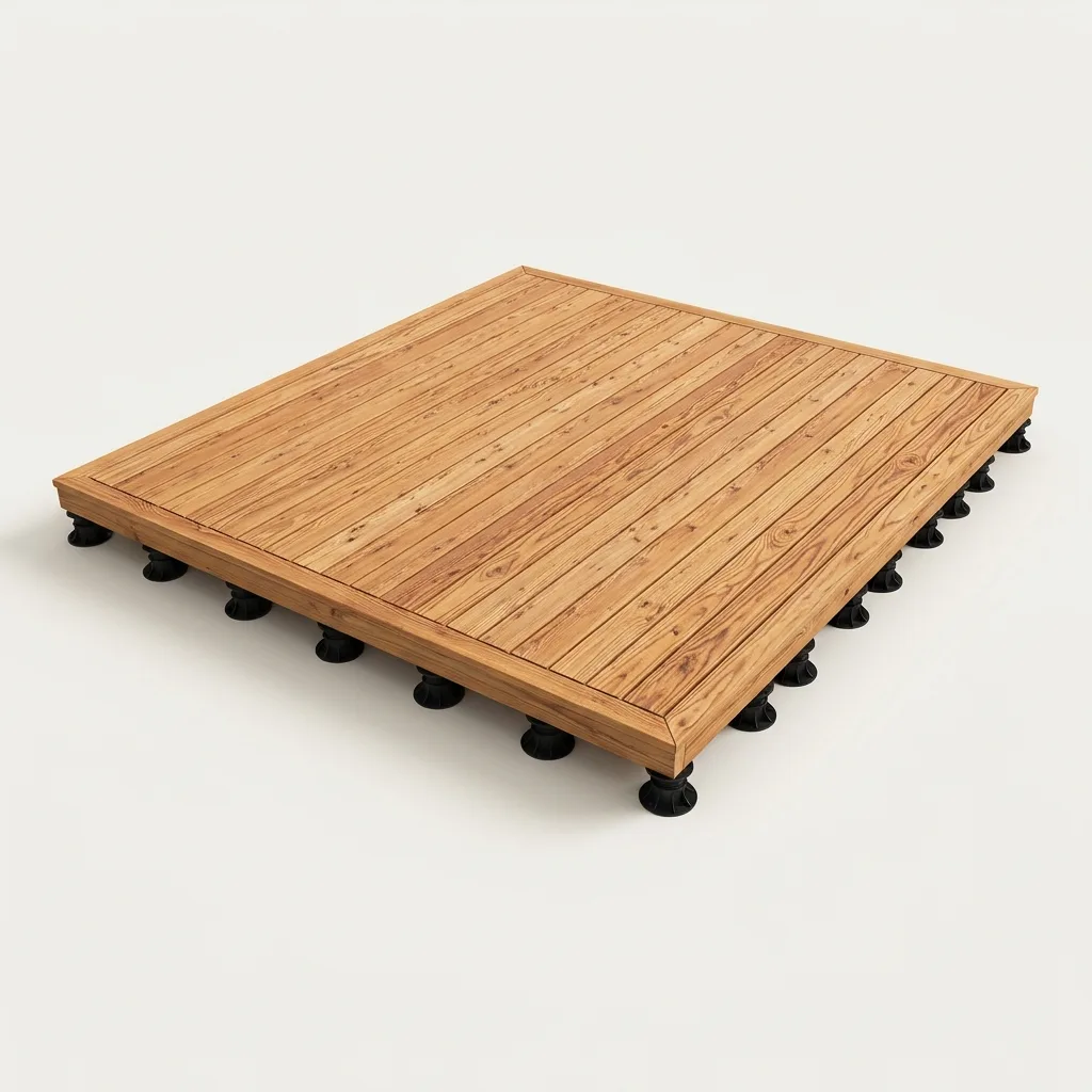 Grande terrasse bois en mélèze avec salon de jardin — rendu 3D