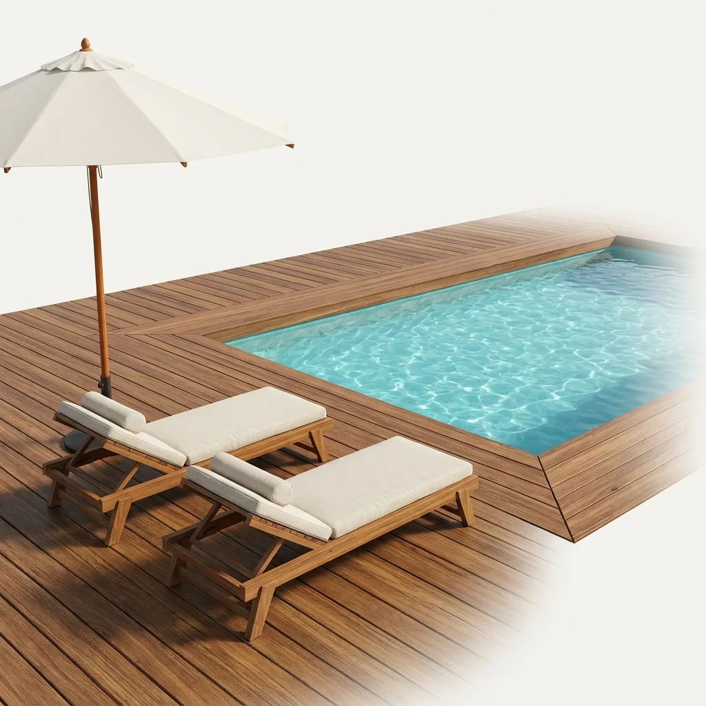 Terrasse en bois autour d'une piscine avec transats et parasol