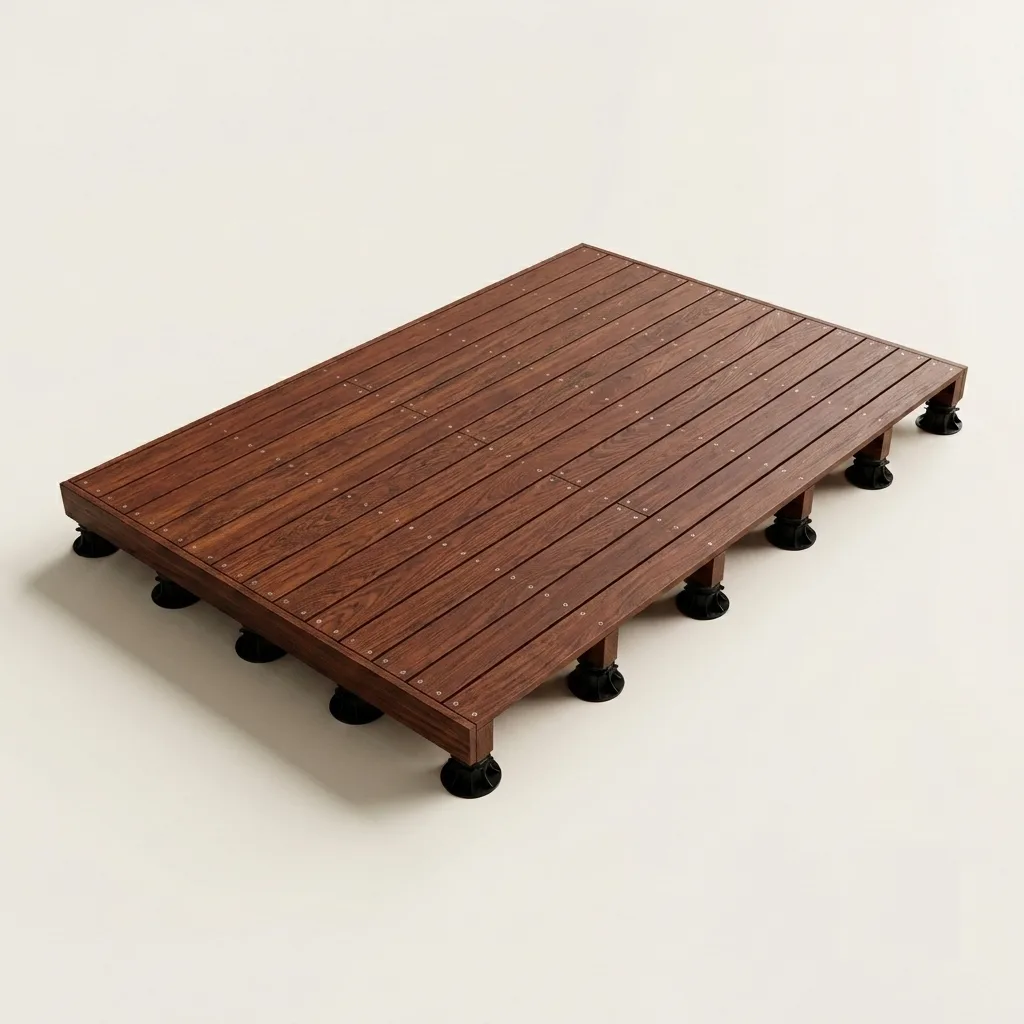 Petite terrasse en bois exotique cumaru sur plots — rendu 3D