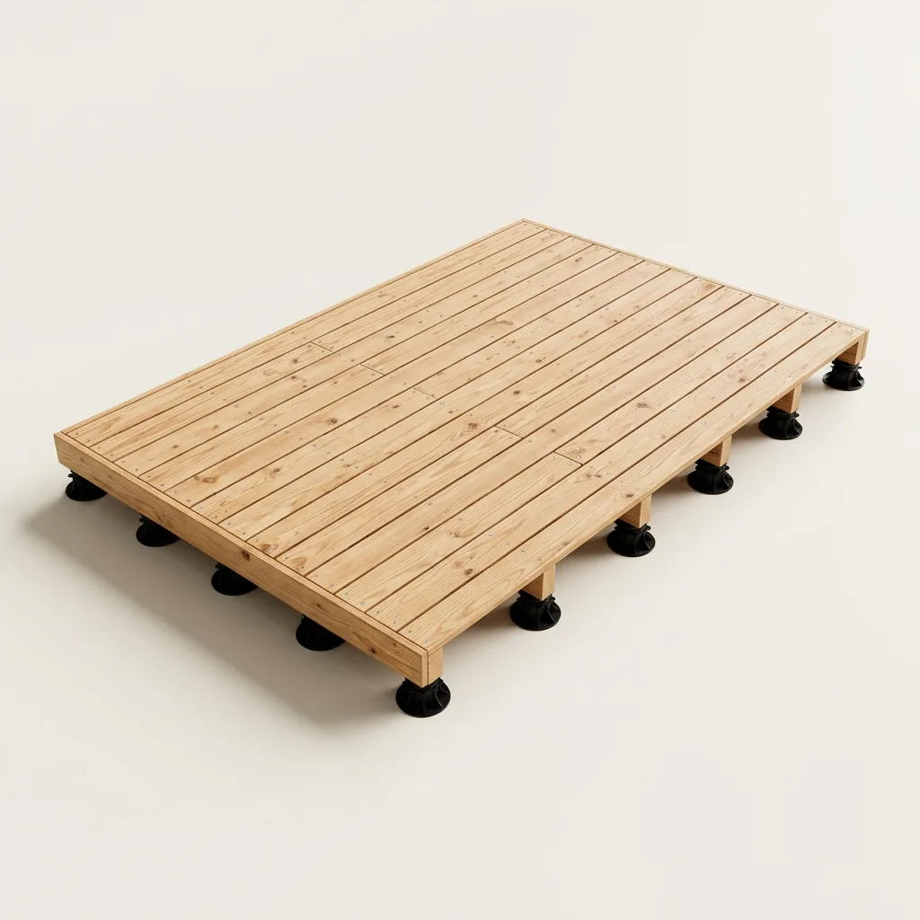 Petite terrasse bois en pin classe IV sur plots — rendu 3D